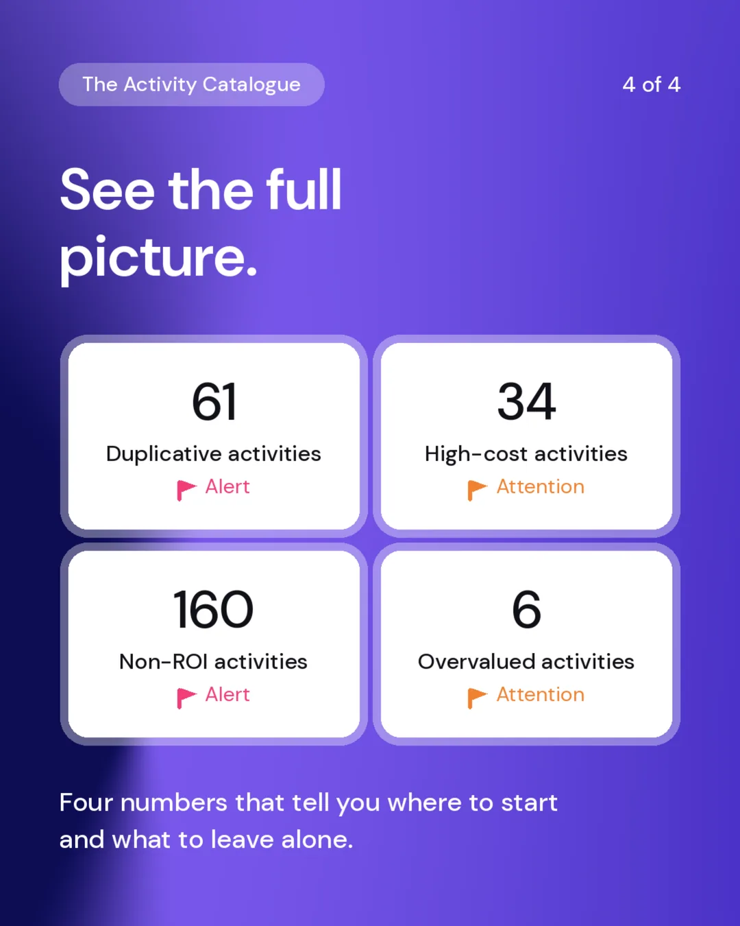 Four flags showing where to start: 61 duplicative activities, 34 high-cost, 160 non-ROI and 6 overvalued